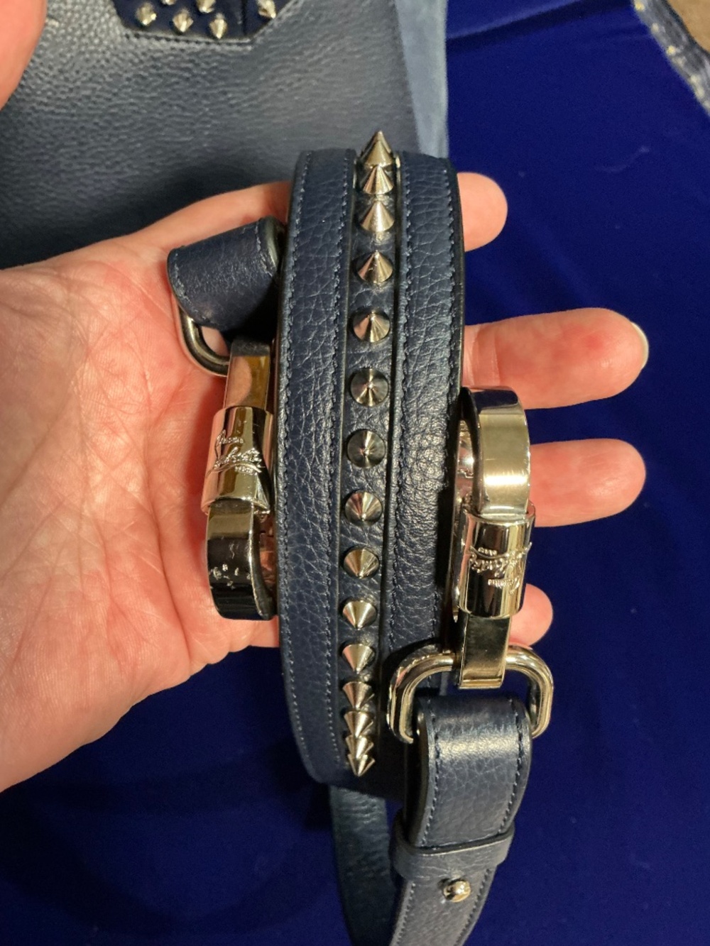 Christian Louboutin Navy Blue Top Handle Spiked 2way Eloise Satchel/Tote Bag - Picture 9 of 11